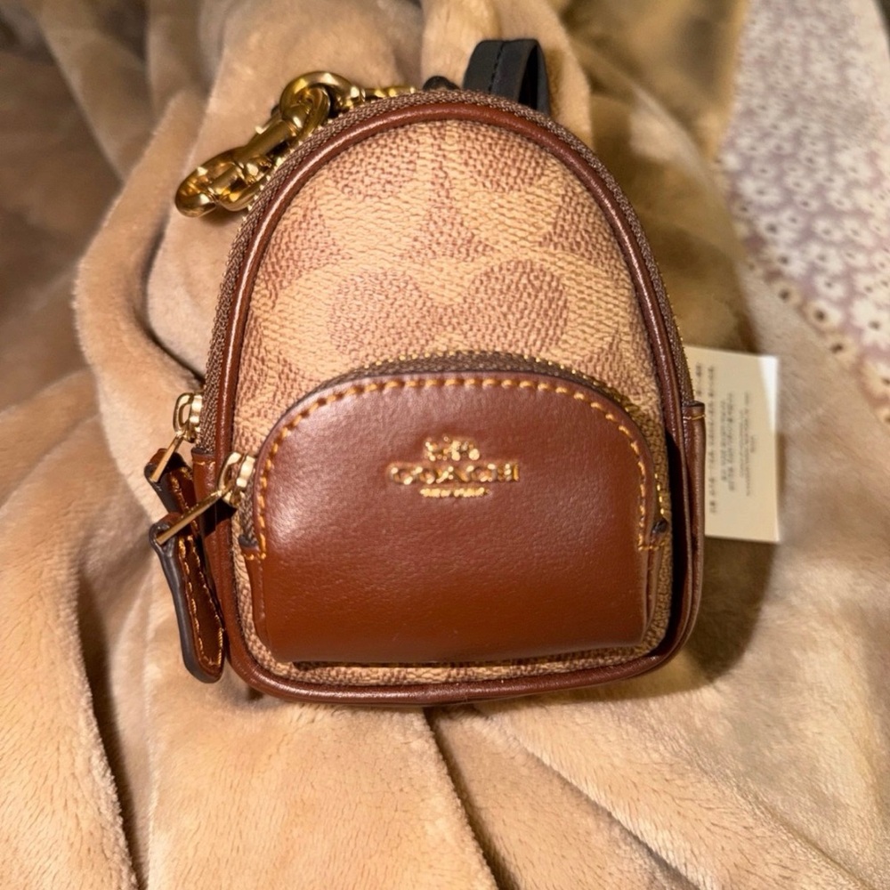 Coach Mini Backpack Keychain in Brown Signature Canvas - Picture 2 of 2